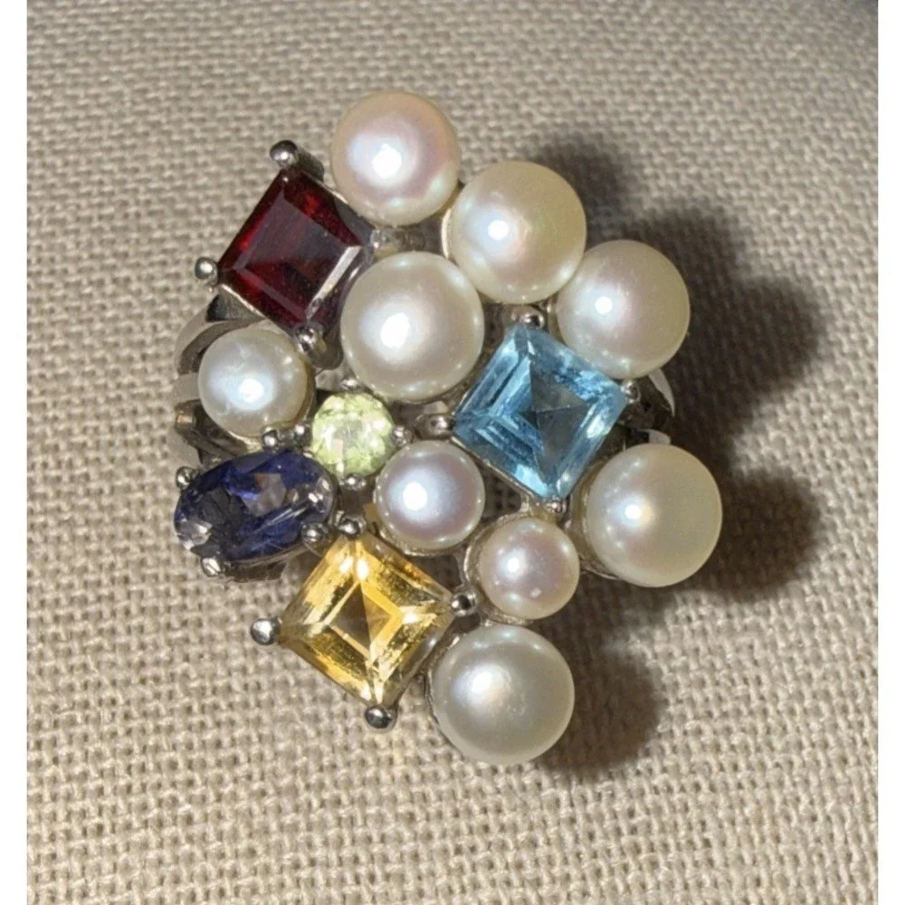Sterling Silver 925 Ross Simons Cultured Pearl & Multi Gemstone Ring Size 8* VTG